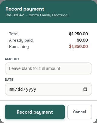 Record Payment window: total, already paid, remaining, amount, date, Record payment and Cancel buttons