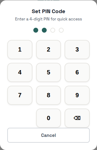 Set PIN Code keypad, with a Cancel button