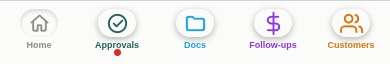 Bottom navigation bar: Home, Approvals, Docs, Follow-ups, Customers
