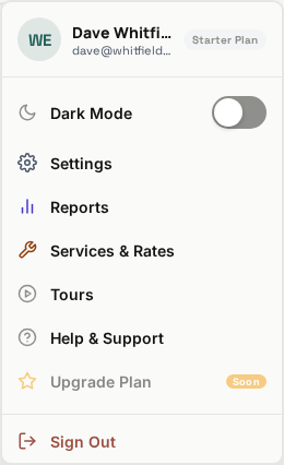 Profile dropdown menu: Dark Mode, Settings, Reports, Services & Rates, Tours, Help & Support, Upgrade Plan (soon), Sign Out