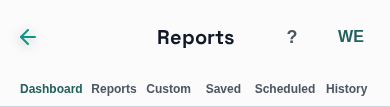 Reports Hub header with 6 tabs: Dashboard, Reports, Custom, Saved, Scheduled, History