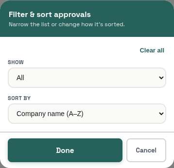 Approvals filter panel: Show dropdown, Sort by dropdown, Clear all