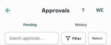 Approvals screen header: back arrow, title, help icon, avatar, Pending/History tabs, search, Filter, Select
