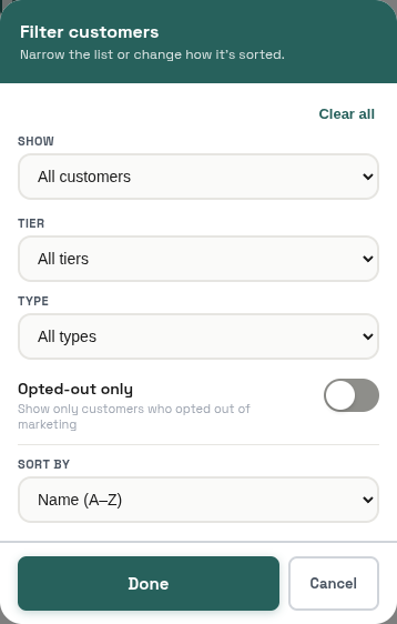 Customers filter panel: Show, Tier, Type, Opted-out only, Sort by