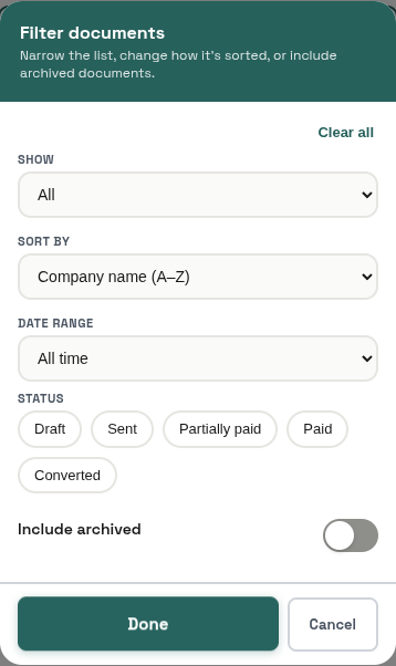 Docs filter panel: Show, Sort by, Date range, Status chips, Include archived