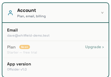 Account settings with Plan and Upgrade coming soon stub