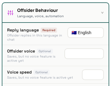 Offsider Behaviour settings: reply language, voice settings
