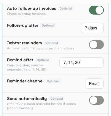 Offsider Behaviour settings: auto follow-up invoices, debtor reminders toggle, delay, channel, send automatically