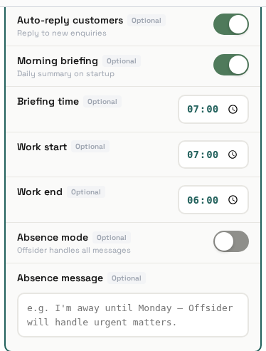 Offsider Behaviour settings: auto-reply customers, morning briefing time, absence mode