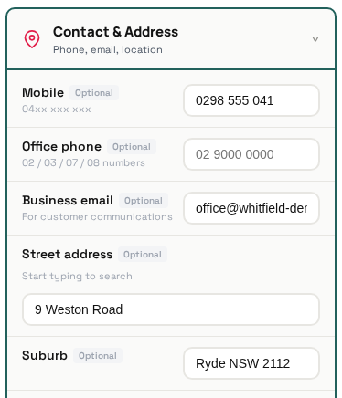 Contact and address settings with address autocomplete field