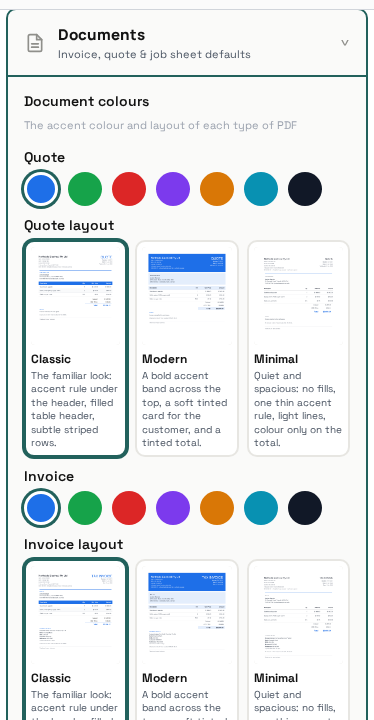 Documents settings: footer text, terms and conditions, inclusions/exclusions, signature
