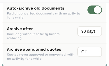 Documents settings: auto-archive old documents toggle, archive abandoned quotes toggle (off by default)