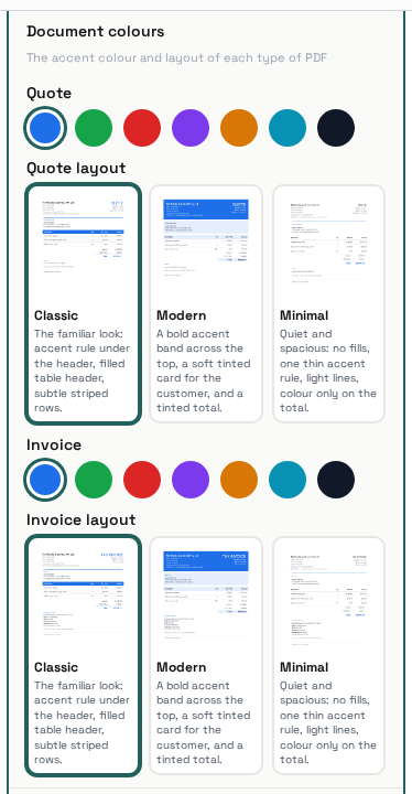 Documents settings: Document colours, with a row of colour swatches for Quote and another for Invoice
