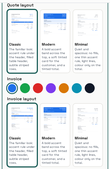 Documents settings: template cards for Quote, each with a live preview, Classic selected