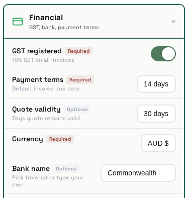 Financial settings: GST registered toggle, payment terms, bank name autosuggest