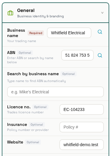 General settings: business name, ABN field with two lookup icons, licence number, industry