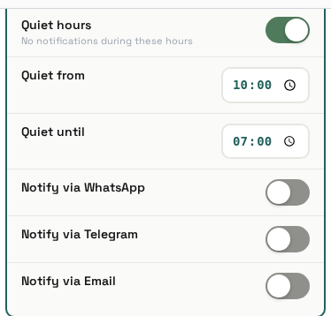 Notification channel toggles: WhatsApp, Telegram, Email