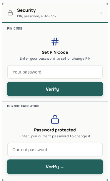 Security settings: PIN section and Password section, both password-gated
