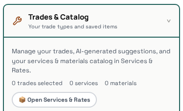Trades and Catalog settings card pointing to Services and Rates