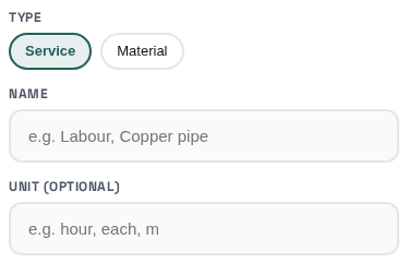 Catalog wizard: Service and Material type pills