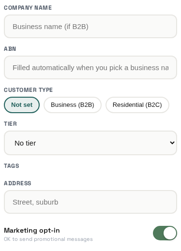Customer wizard: type pills Not set, B2B, B2C, and marketing opt-in toggle