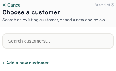Quote wizard step 1: choose customer, with inline add a new customer shortcut