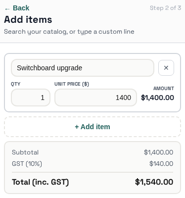 Quote wizard step 2: add items